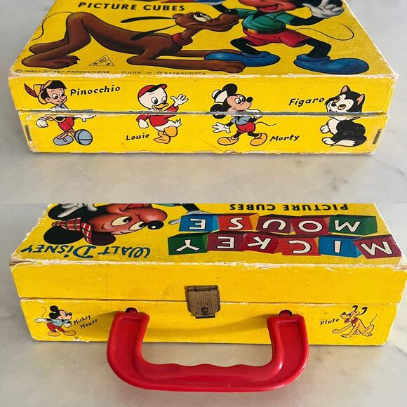 Disney Mickey Mouse Picture Cubes 12 Wood Blocks Puzzle Box Set 60s West Germany - Picture 4 of 13